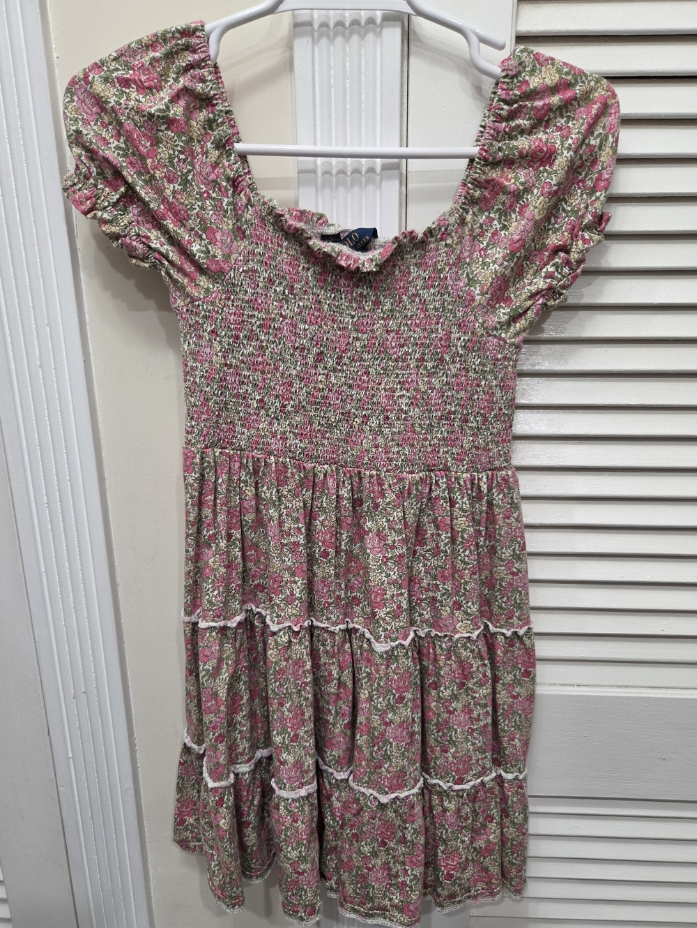 Polo Ralph Lauren Girls Cotton Pink Floral Smocked Tiered Dress Size L 12-14